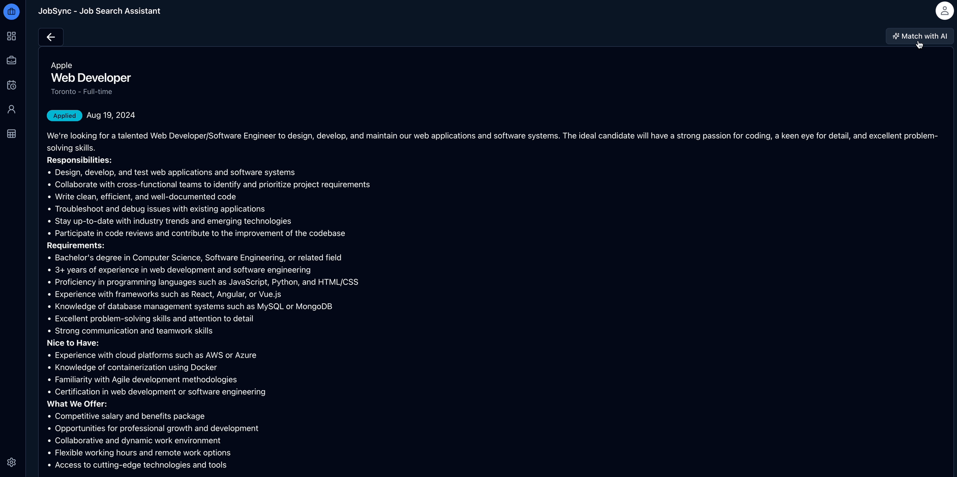 JobSync AI job matching showing resume compatibility score
