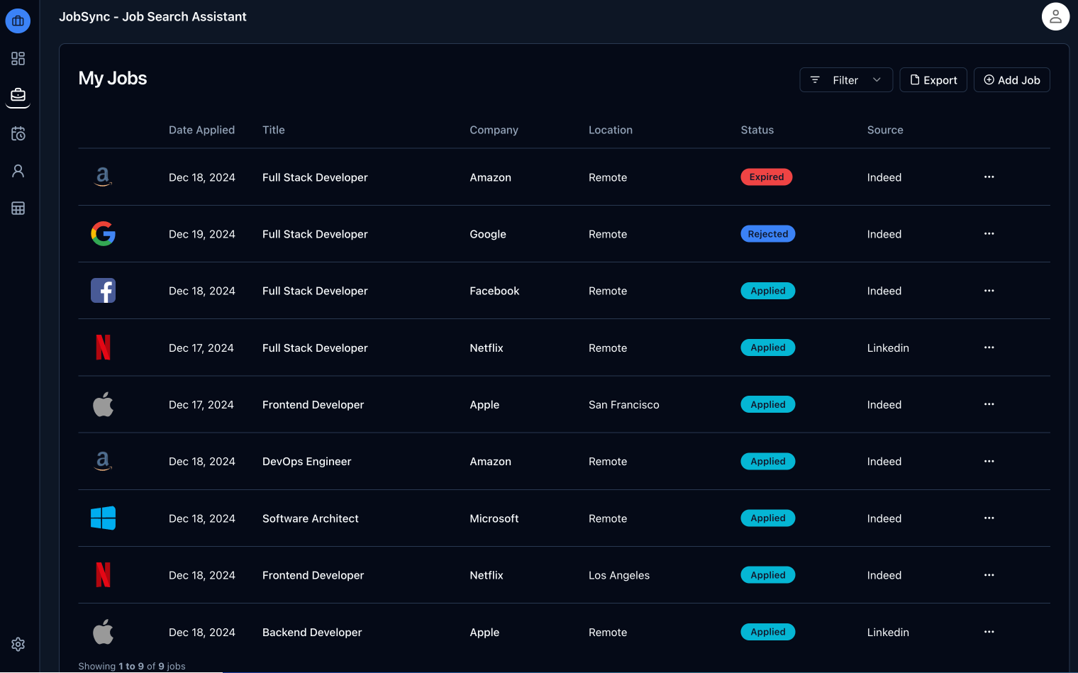 JobSync jobs list showing applications with company and status details